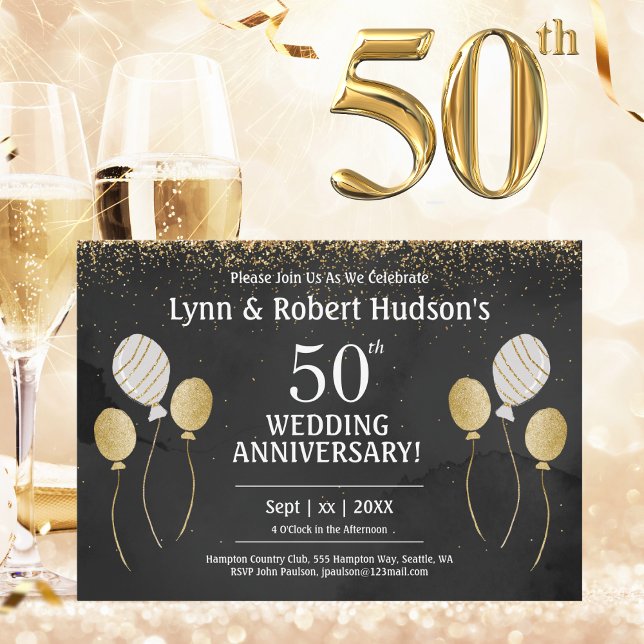 Convites festa de casamento do Ouro do 50º aniversário (50th Wedding Anniversary, Gold, Black and White Invitation)