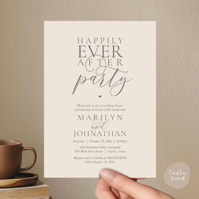 Convites Festa de Casamento e Fuga Romântica Happily Ever A (Happily Ever After Party Wedding Elopement Dinner Dancing Invitation Card in Cream Grey)