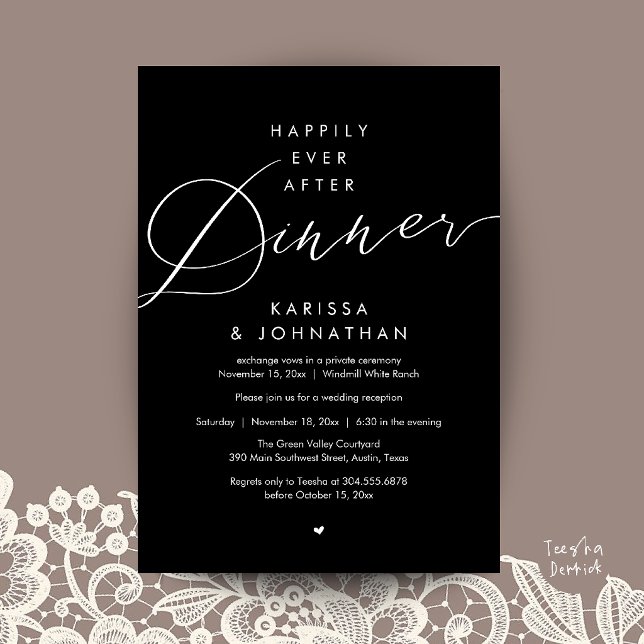Convites Festa de Casamento e Fuga Romântica para Jantar Fe (Happily Ever After Dinner Wedding Elopement Party Invitation Card in Black and White)