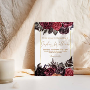 Convites Festa de casamento Elegante Preto e Rosas vermelha
