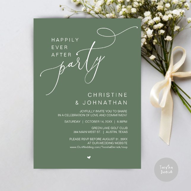 Convites Festa de Casamento Felizes para Sempre Jantar Danç (Happily Ever After Wedding Party Romantic Dinner Dancing Invitation Card, PDF, in Forest Sage Green)