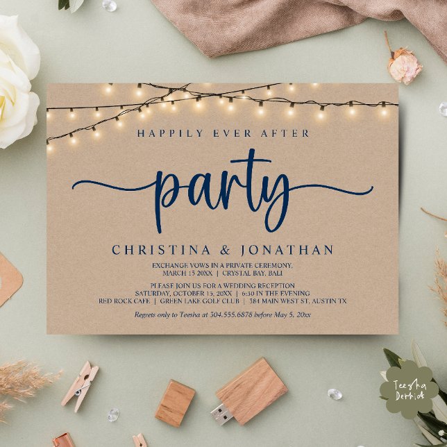 Convites Festa de Casamento Felizes para Sempre, Luzes de C (Happily Ever After Wedding Party, String Lights, Brown Kraft Invitation card, PDF, Navy Blue)