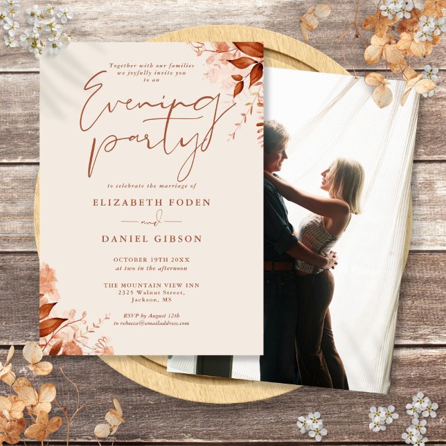 Convites Festa de Casamento Floral Rústica Noturna (Rustic Floral Photo Wedding Evening Party Invitation)