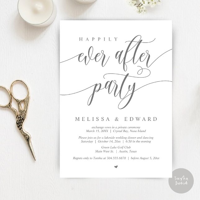 Convites Festa de Casamento Happily Ever After, Cinza Escur (Happily Ever After Elopement Party Invitation Card, PDF, Modern Wedding Dinner, in Dark Grey)