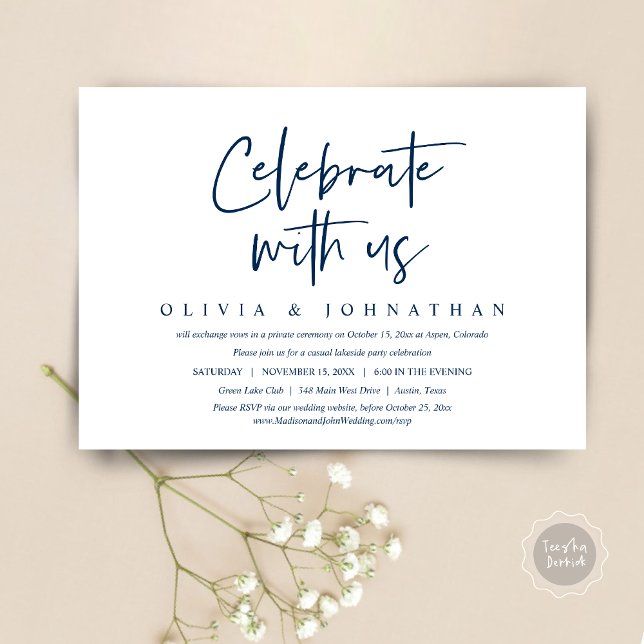 Convites Festa de Casamento Informal, Celebre conosco  (Celebrate With Us, Wedding Elopement Brunch, Lunch, Dinner Party Invitation Card, PDF, Navy Blue)