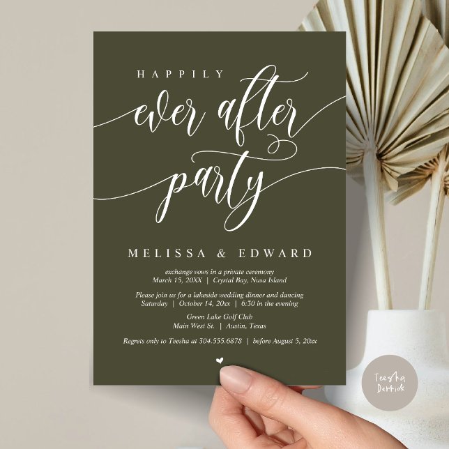 Convites Festa de Casamento Intimo e Feliz para Sempre, Oli (Happily Ever After Elopement Party Invitation Card, PDF, Modern Wedding Dinner, in Olive Green)