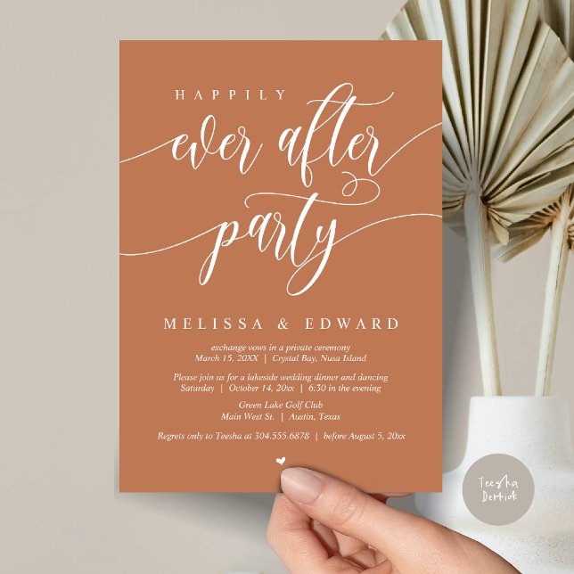Convites Festa de Casamento Intimo Feliz para Sempre, Cobre (Happily Ever After Elopement Party Invitation Card, PDF, Modern Wedding Dinner, in Copper Rust)