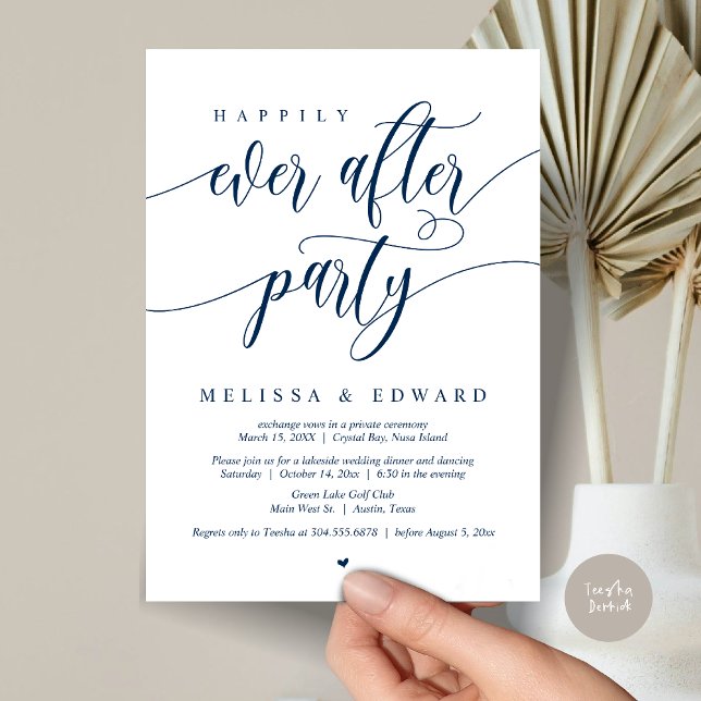 Convites Festa de Casamento Intimo Felizes para Sempre, Azu (Happily Ever After Elopement Party Invitation Card, PDF, Modern Wedding Dinner, in Navy Blue)