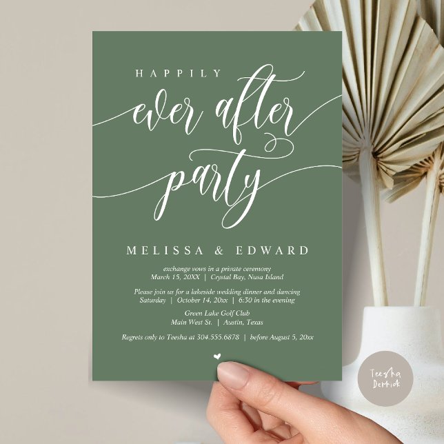 Convites Festa de Casamento Intimo Felizes para Sempre, Ver (Happily Ever After Elopement Party Invitation Card, PDF, Modern Wedding Dinner, in Forest Sage Green)
