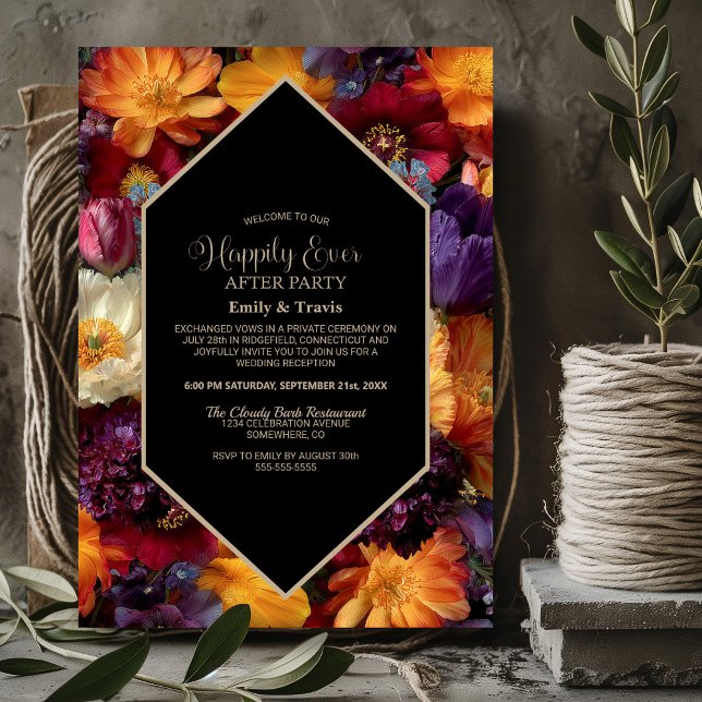 Convites Festa de Casamento Preto com Flores Laranja e Roxo (Criador carregado)