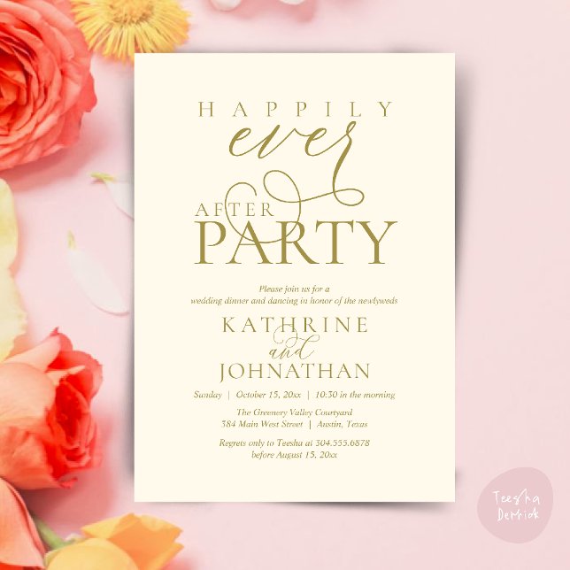 Convites Festa de Casamento Script Moderno Feliz para Sempr (Modern Script Happily Ever After Dinner Party Elopement Invitation Card in Gold yellow cream)