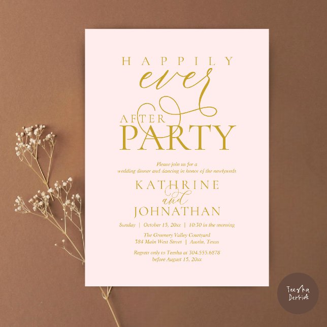 Convites Festa de Casamento Script Moderno Feliz para Sempr (Modern Script Happily Ever After Dinner Party Elopement Invitation Card in Blush and gold)
