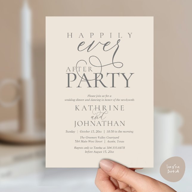 Convites Festa de Casamento Script Moderno Feliz para Sempr (Modern Script Happily Ever After Dinner Party Elopement Invitation Card in Cream and grey)