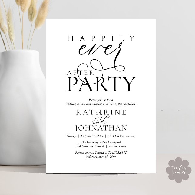 Convites Festa de Casamento Script Moderno Feliz para Sempr (Modern Script Happily Ever After Dinner Party Elopement Invitation Card in Black and White)