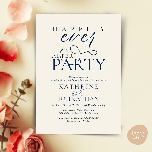 Convites Festa de Casamento Simples e Moderna Fuga Romântic (Modern Script Happily Ever After Dinner Party Elopement Invitation Card in Navy Blue Ivory)