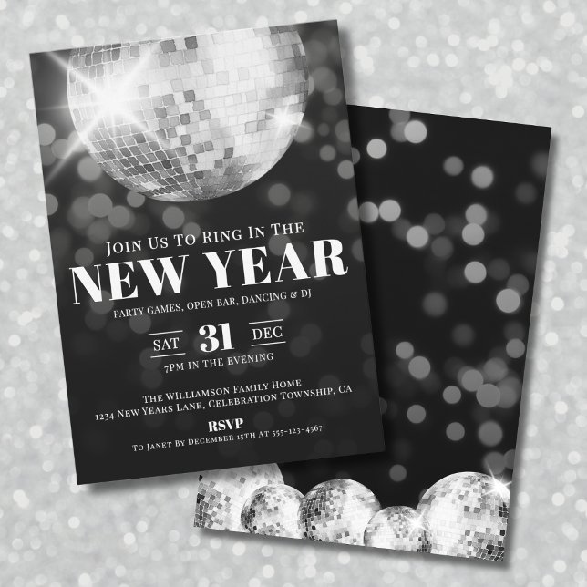 Convites Festa de Celebração de Ano Novo Preto e Branco (Black White New Year's Eve Celebration Party Invitation)