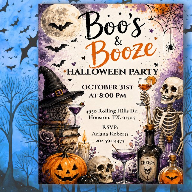 Convites Festa de Celebração de Halloween Boo's & Booze (Criador carregado)