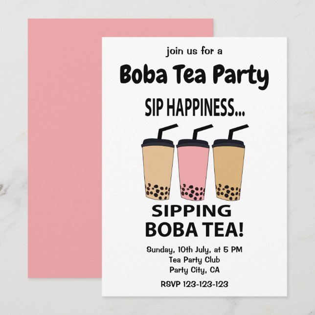 Convites Festa de Chá Boba Chá Bubble Tea Chá Boba (Frente/Verso)