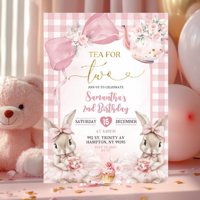 Convites Festa de Chá Coelho Rosa Gingham Segundo Aniversár (Criador carregado)