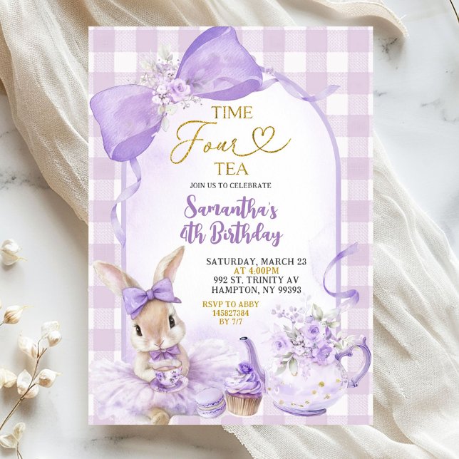 Convites Festa de chá da coelhinha com laço de gingham roxo (Criador carregado)