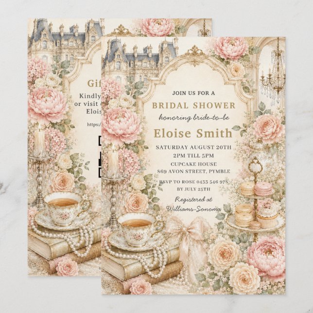 Convites Festa de Chá da Noiva com Tema Floral Rosa Regênci (Frente/Verso)