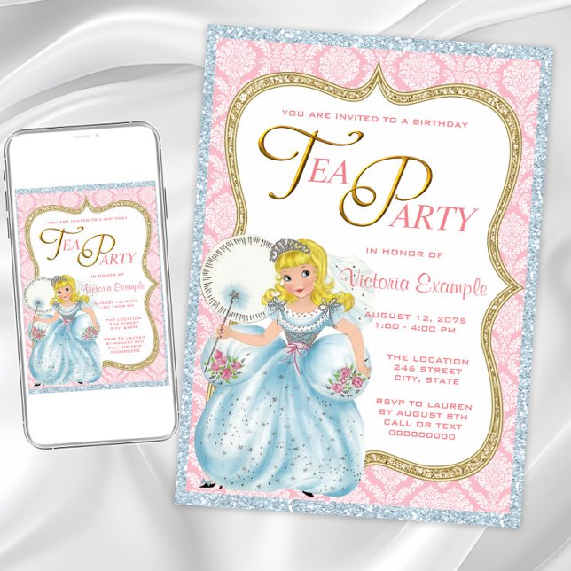 Convites Festa de Chá da Princesa (Pretty princess tea party invitation. Instant download and printed invitations available.)