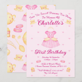 Convites Festa de Chá da Princesa com Aquarela Rosa e Doura