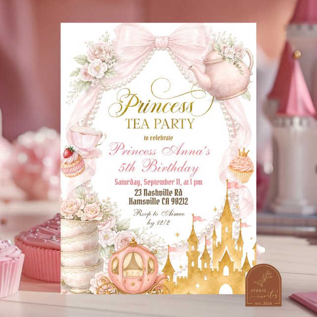 Convites Festa de Chá da Princesa com Laço Rosa e Pérolas (Criador carregado)