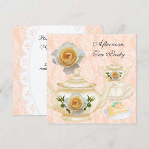 Convites Festa de Chá da Tarde Peachy Coral Floral Bule de 