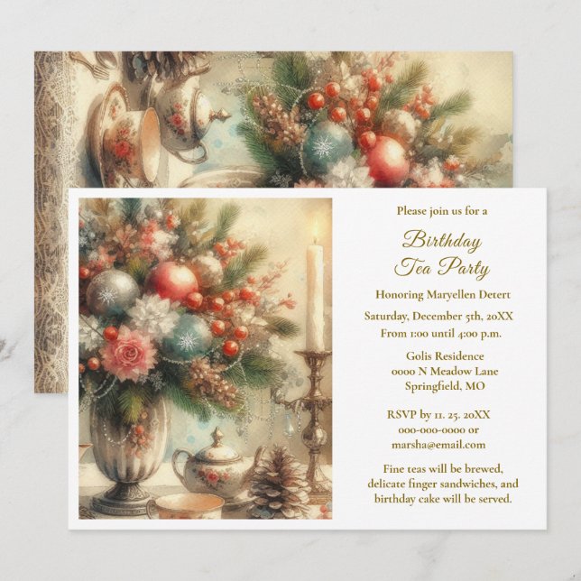 Convites Festa de Chá de Aniversário Elegante  (Frente/Verso)