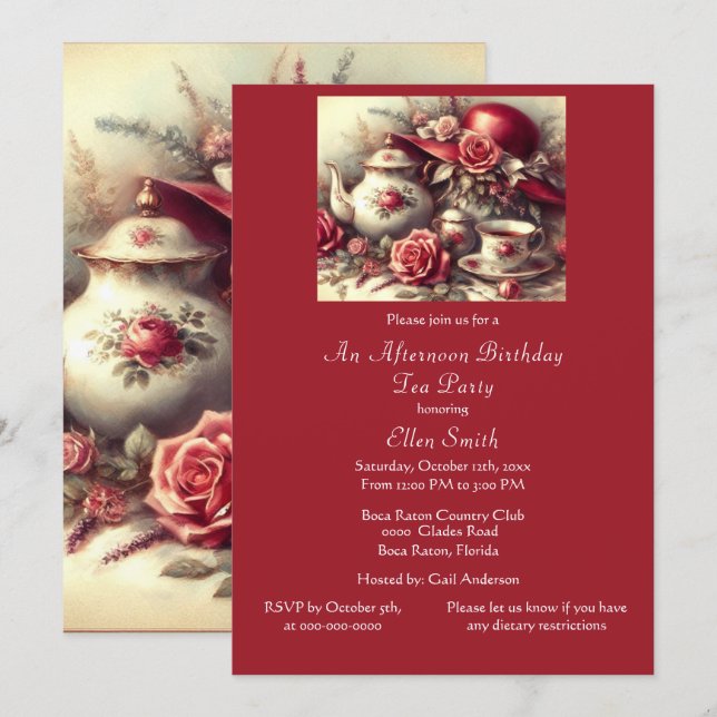 Convites Festa de Chá de Aniversário Elegante Rosa Vermelha (Frente/Verso)