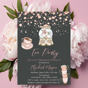 Convites Festa de chá de bebê com pontos em rosa dourado