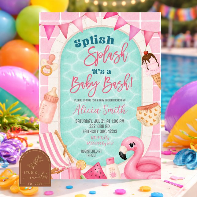 Convites Festa de Chá de Bebê Menina Piscina Rosa (Criador carregado)