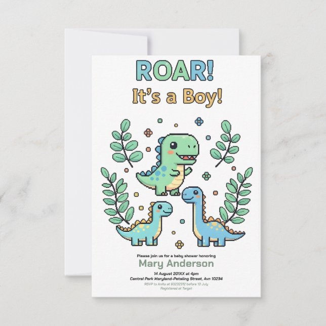 Convites Festa de Chá de Bebê Menino Dinossauro Pixelado Ve (Frente)