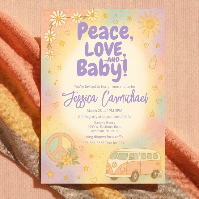 Convites Festa de Chá de Bebê Retro Paz Amor e Bebê (Peace Love and Baby Retro Baby Shower Party Invitation
)