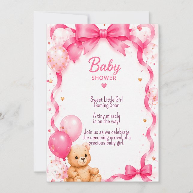 Convites Festa de Chá de Bebê Urso Teddy Rosa 🧸 (Frente)