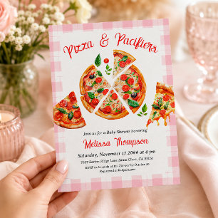 Convites Festa de Chá de Bebê Xadrez Rosa e Pizza com Chupe