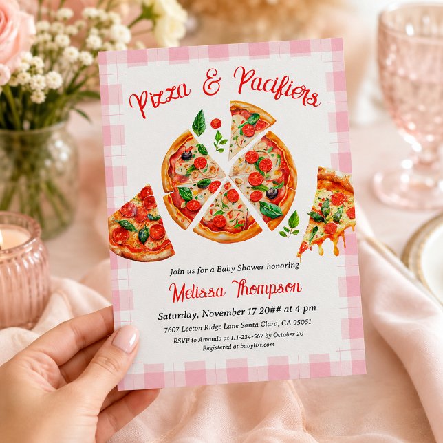 Convites Festa de Chá de Bebê Xadrez Rosa e Pizza com Chupe (Criador carregado)