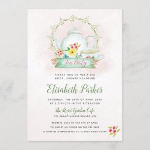 Convites Festa de chá de chá de panela cor-de-rosa com aqua
