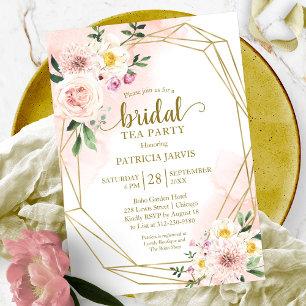 Convites Festa de Chá de Chávena de Noiva Floral em Dourado