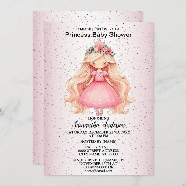 Convites Festa de Chá de fraldas da Princesa Rosa de Aquare (Frente/Verso)