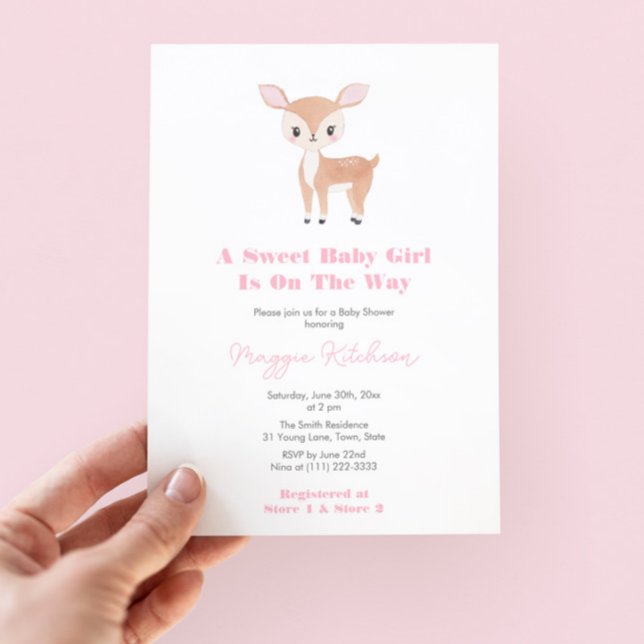 Convites Festa de Chá de fraldas da Querida Menina Doce (Sweet Baby Girl Woodland Baby Shower Invitation With Watercolor Fawn And Pink White Buffalo Check)