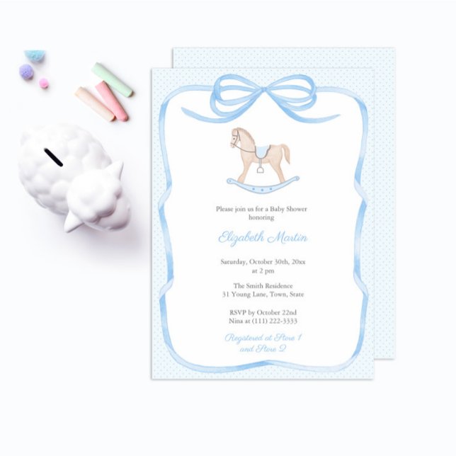 Convites Festa de Chá de fraldas de Carneiro de Cavalo Doce (Elegant blue and white rocking horse traditional baby shower for boy invitation)