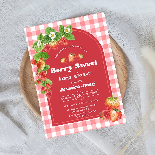 Convites Festa de Chá de fraldas de Morango Rosa Gingham (Criador carregado)