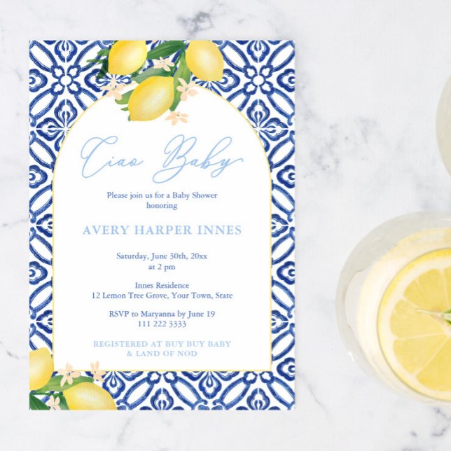 Convites Festa de Chá de fraldas de Tchau para Limões (Ciao baby boy! Amalfi inspired baby shower party invite with blue tile background lemons arch shape)