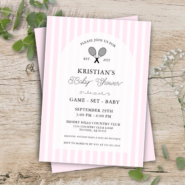 Convites Festa de Chá de fraldas do Clube de Tênis para Men (Pink tennis theme game set baby preppy pin stripe elegant country club baby shower invitations)
