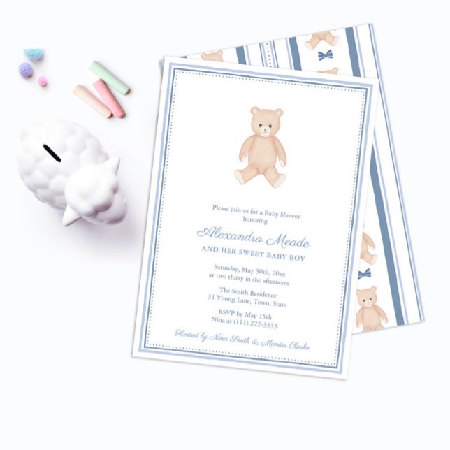 Convites Festa de Chá de fraldas do Urso de Teddy, Sweet Bo (Nostalgic Baby Shower invitations for boy featuring a hand painted watercolor teddy bear)