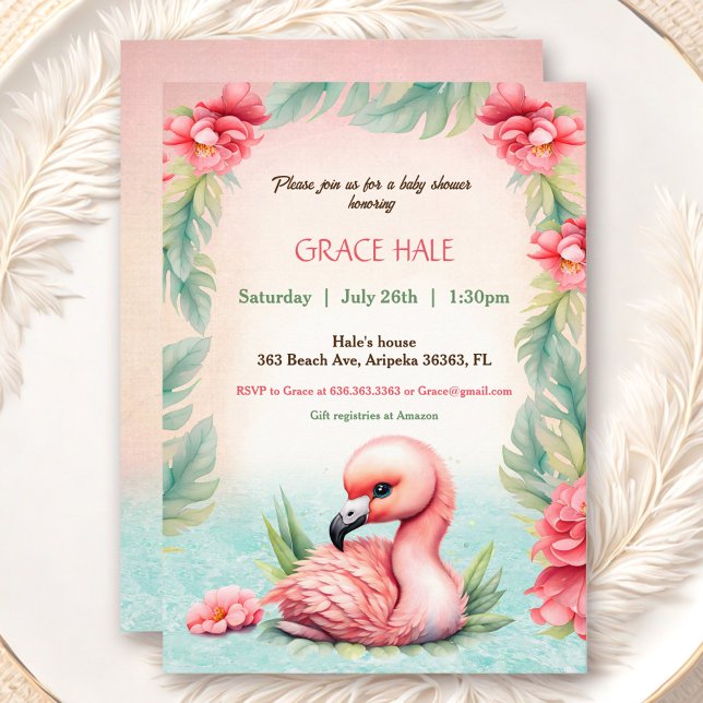 Convites Festa de Chá de fraldas Flamingo Rosa Tropical de  (Tropical Summer Pink Flamingo Baby Shower Party Invitation)