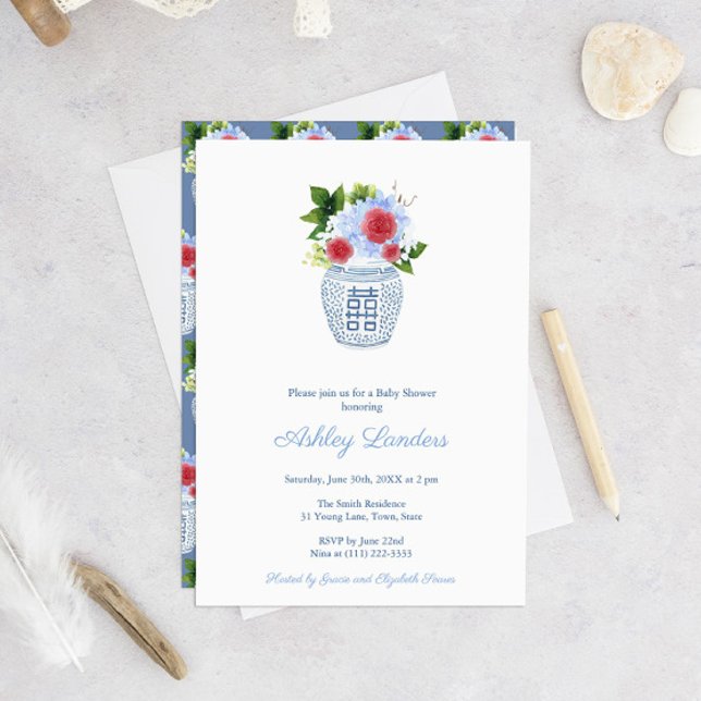 Convites Festa de Chá de fraldas Red White Blue Boy (Baby Shower Invitation With Red White Blue Florals In Ginger Jar Vase And Repeat Pattern Vase Backer)