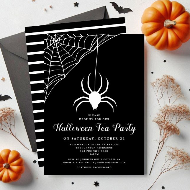 Convites Festa de Chá de Halloween Aranha Fofa Preta e Bran (Cute Spider Black & White Halloween Tea Party Invitation)
